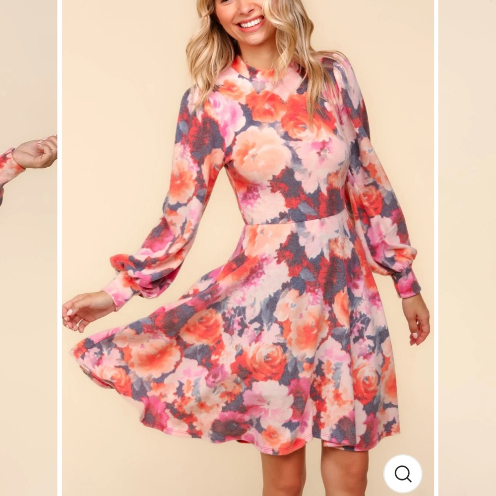 D9–(🚨PRICE FIRM) PLUS HACCI KNIT FLORAL PRINT MOCK NECK MINI LENGTH - Picture 2 of 3